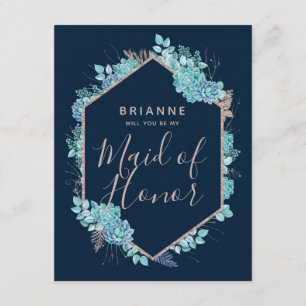 Navy Blue Succulents Will You Be My Maid of Honour Invitation