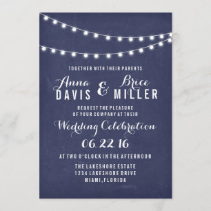 Navy Blue Summer String Light Wedding Invites