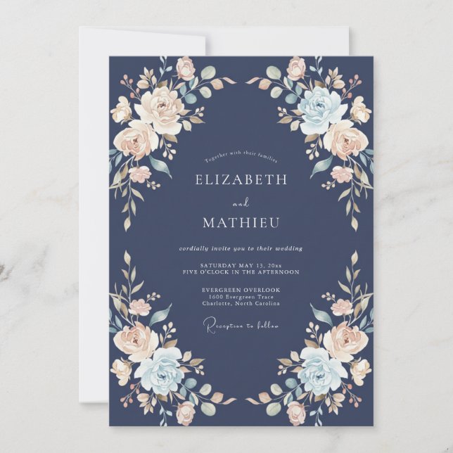 Navy Blue Sumptuous Botanical Wedding Invitation (Front)