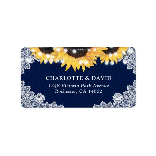 Navy Blue Sunflower Burlap Lace Address Labels (Front)