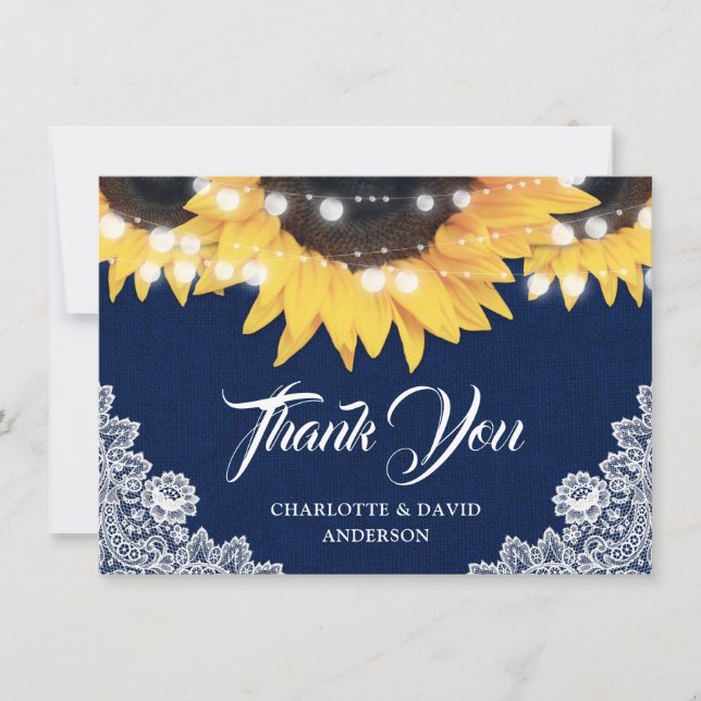 Navy Blue Sunflower Burlap String Lights Wedding Thank You Card (Front)