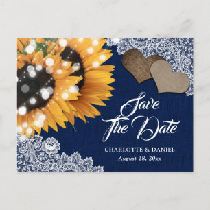 Navy Blue Sunflower Burlap Wedding Save The Date Announcement Postcard