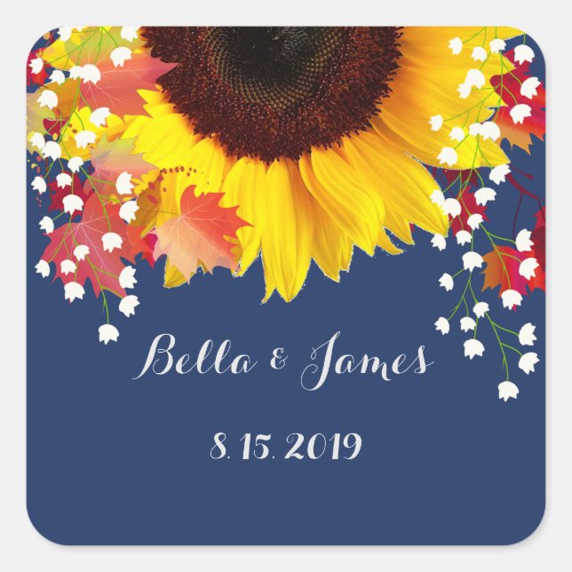 Navy Blue Sunflower Custom Wedding Stickers (Front)