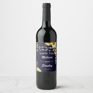 Navy Blue Sunflower Eucalyptus Lights Wedding  Wine Label