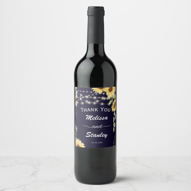 Navy Blue Sunflower Eucalyptus Lights Wedding  Wine Label (Front)