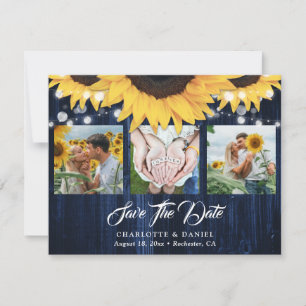 Navy Blue Sunflower Floral Lace 3 Photo Wedding Save The Date