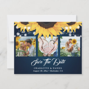 Navy Blue Sunflower Floral Lace 3 Photo Wedding Save The Date