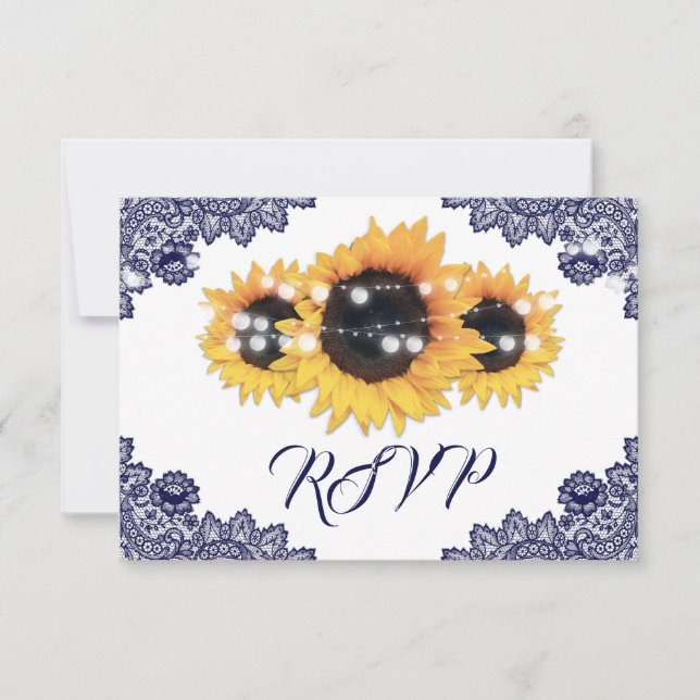 Navy Blue Sunflower Floral Lace Wedding RSVP Card (Front)