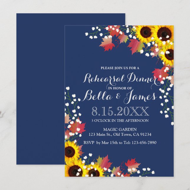 Navy Blue Sunflower  Rehearsal Dinner Cards (Front/Back)