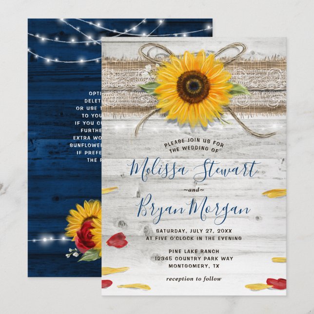 Navy Blue Sunflower Rose Wood Lace Rustic Wedding Invitation (Front/Back)