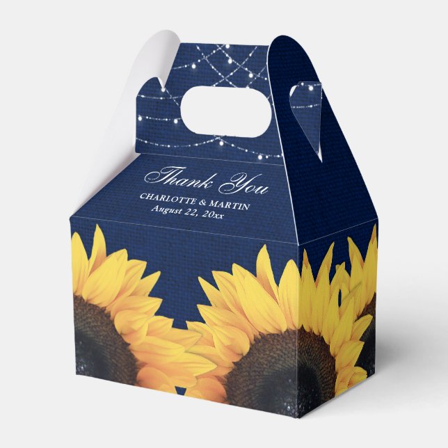 Navy Blue Sunflower Rustic Burlap Lights Wedding Favor Box (Front Side)