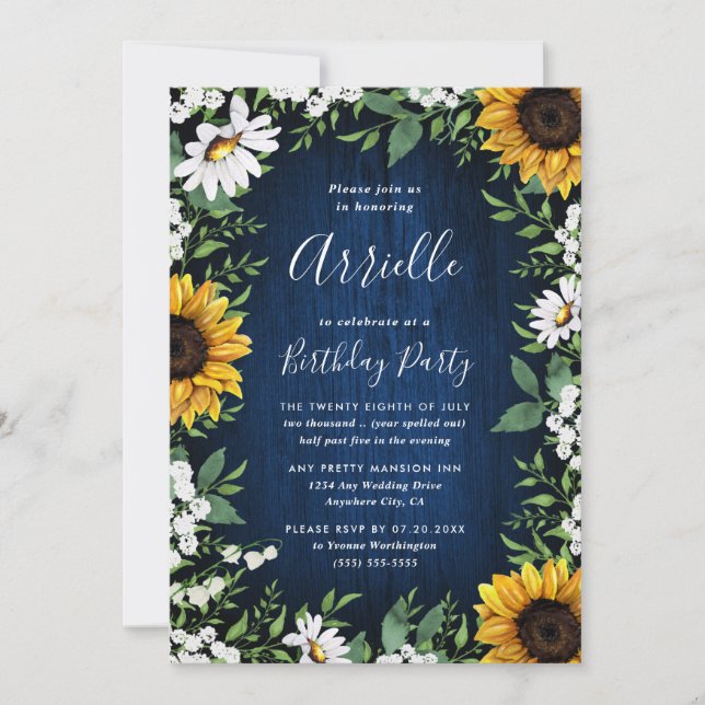 Navy Blue Sunflower Rustic Country Birthday Party Invitation (Front)
