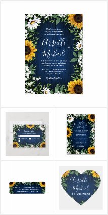 Navy Blue Sunflower Rustic Wedding Invitations Set