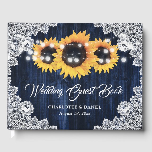 Navy Blue Sunflower Rustic Wood Lace Wedding Guest Book (Front)