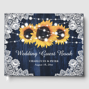 Navy Blue Sunflower Rustic Wood Lace Wedding Guest Book
