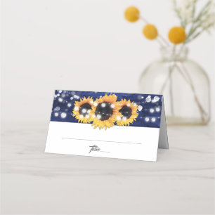 Navy Blue Sunflower Rustic Wood Lights Wedding Place Card