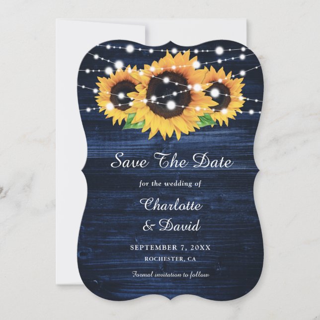 Navy Blue Sunflower Rustic Wood String Lights Save The Date (Front)