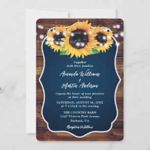 Navy Blue Sunflower Rustic Wood Wedding Invitation