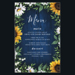 Navy Blue Sunflower Rustic Wood Wedding Menu Cards<br><div class="desc">Design features a navy blue barn wood background decorated with watercolor daisies,  sunflowers,  greenery,  eucalyptus,  baby's breath,  and lily of the valley.
You can use the template as is or add more meals,  desserts and more. This template is fully customizable.</div>