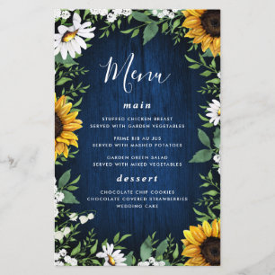 Navy Blue Sunflower Rustic Wood Wedding Menu Cards