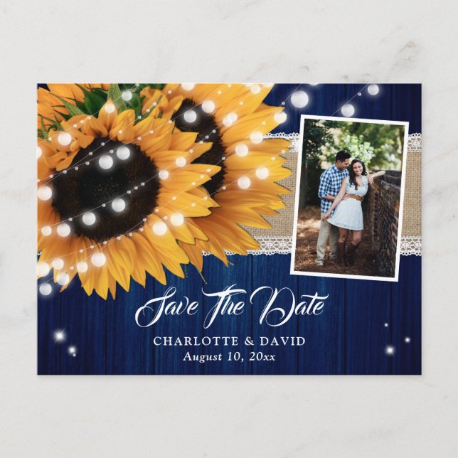 Navy Blue Sunflower Save The Date Photo Postcards (Front)
