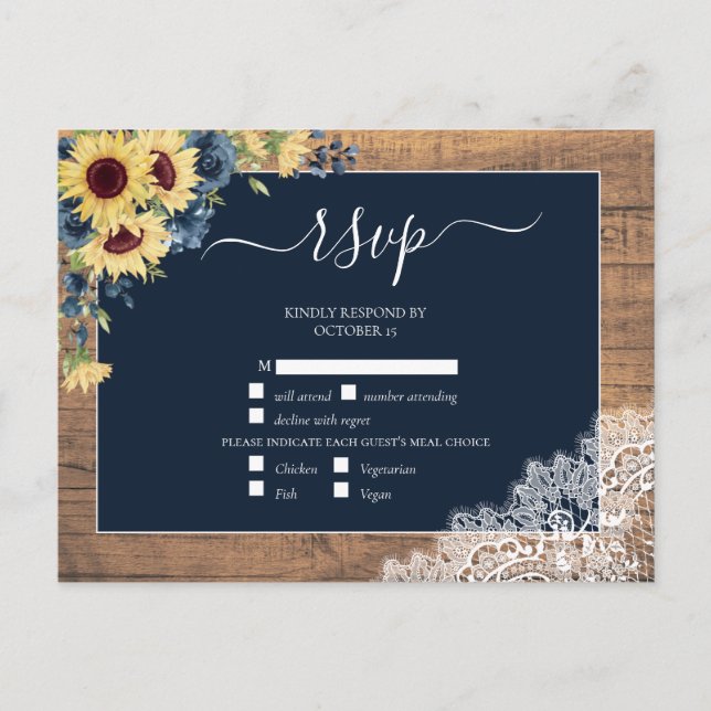 Navy Blue Sunflower Script Lace Wood Wedding RSVP Invitation Postcard (Front)