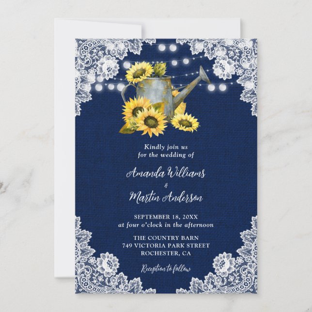 Navy Blue Sunflower Watering Can Lace Wedding Invitation (Front)
