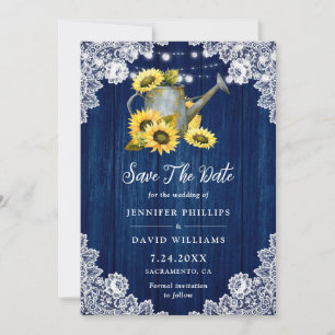 Navy Blue Sunflower Watering Can Wood Floral Lace Save The Date