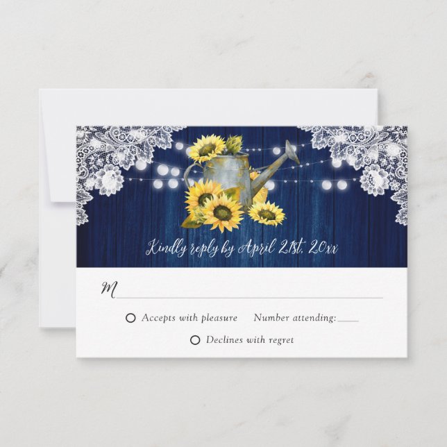 Navy Blue Sunflower Watering Can Wood Wedding RSVP Card (Front)