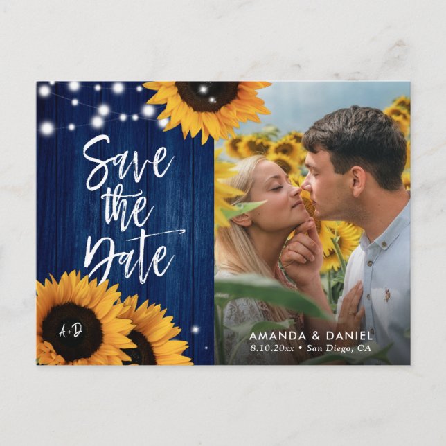 Navy Blue Sunflower Wedding Photo Save The Date Announcement Postcard (Front)