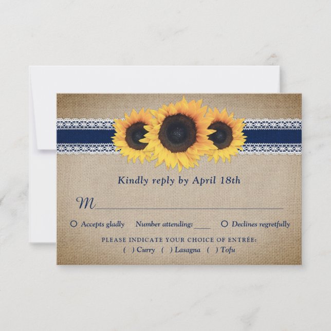 Navy Blue Sunflower Wedding RSVP Card Meal Choice (Front)