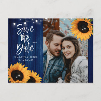 Navy Blue Sunflower Wedding Save The Date Photo Postcard