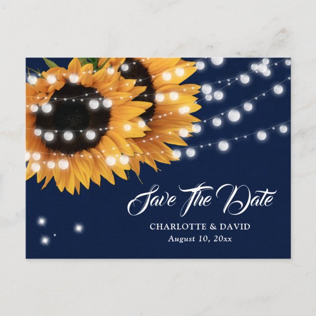 Navy Blue Sunflower Wedding Save The Date Postcard (Front)