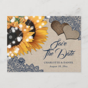 Navy Blue Sunflower Wedding Save The Date Postcard