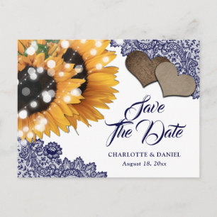 Navy Blue Sunflower Wedding Save The Date Postcard