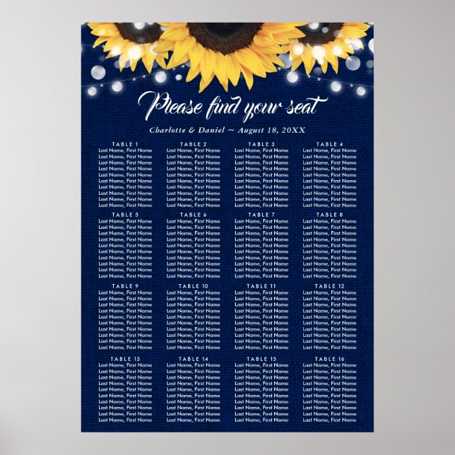 Navy Blue Sunflower Wedding Seating Chart 16 (Front)