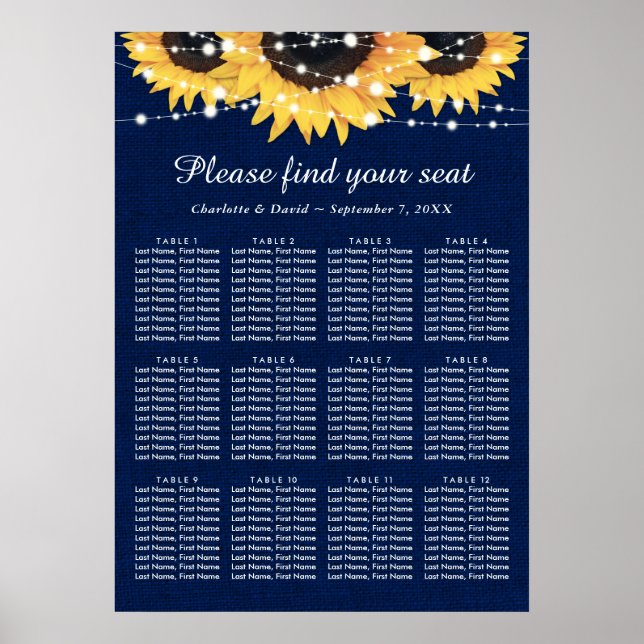 Navy Blue Sunflower Wedding Seating Plan 12 Poster (Front)