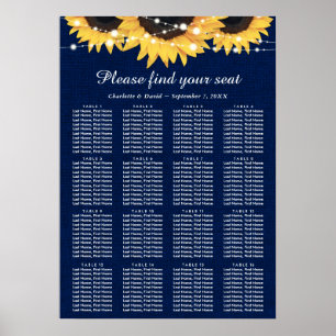 Navy Blue Sunflower Wedding Seating Plan 16 Poster