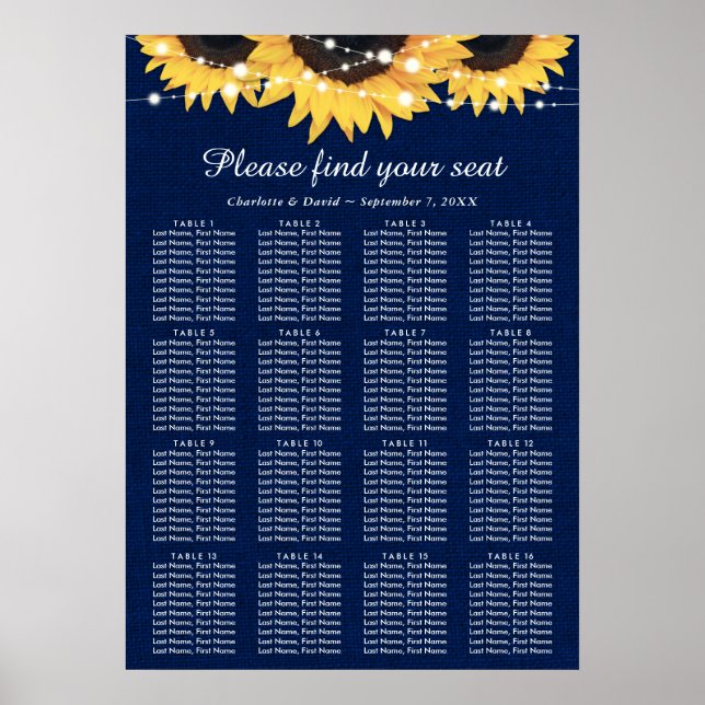 Navy Blue Sunflower Wedding Seating Plan 16 Poster (Front)