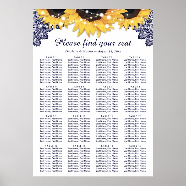 Navy Blue Sunflower Wedding Seating Plan 16 Poster (Front)