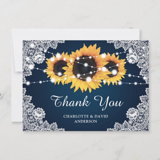 Navy Blue Sunflower Wedding Thank You Card (Front)