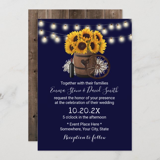 Navy Blue Sunflower Wood Barrel Rustic Wedding Invitation (Front/Back)