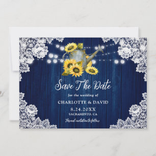 Navy Blue Sunflower Wood Lace Watering Can Wedding Save The Date