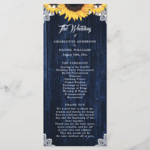 Navy Blue Sunflower Wood Lace Wedding Program