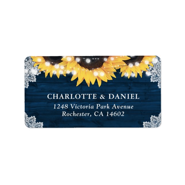 Navy Blue Sunflower Wood Wedding Address Labels (Front)