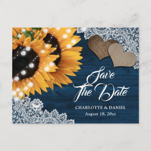 Navy Blue Sunflower Wood Wedding Save The Date Announcement Postcard