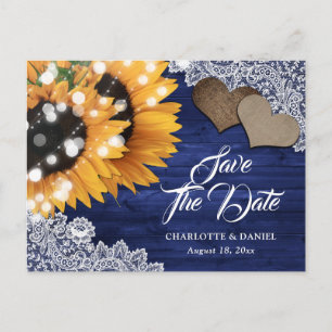 Navy Blue Sunflower Wood Wedding Save The Date Announcement Postcard