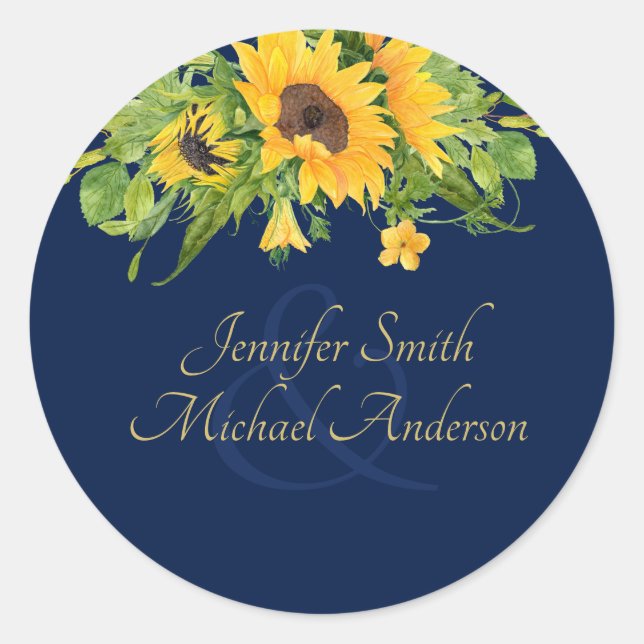 Navy Blue Sunflowers Couples Favour Sticker (Front)