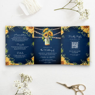 Navy Blue Sunflowers Mason Jar QR Code Wedding Tri-Fold Invitation