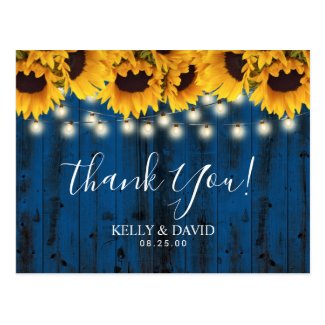 Navy Blue Sunflowers Rustic Wedding Thank You Postcard
